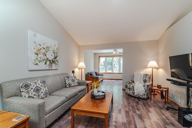 17081 Pheasant Meadow Ln SW, Prior Lake, MN 55372 - living room featuring vaulted ceiling, wood finished floors, a ceiling fan, and baseboards