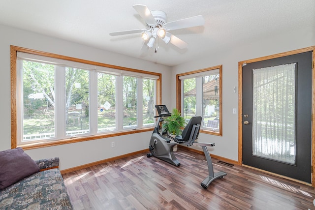 17081 Pheasant Meadow Ln SW, Prior Lake, MN 55372 - exercise area featuring wood finished floors, baseboards, and ceiling fan