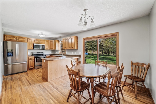 7349 Variolite Dr NW, Stanford Twp, MN 55398 - kitchen with stainless steel appliances, light wood-style flooring, a sink, a peninsula, and pendant lighting