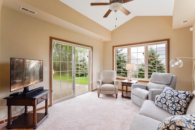 8713 9th Pl N, Lake Elmo, MN 55042 - carpeted living room featuring a ceiling fan and vaulted ceiling