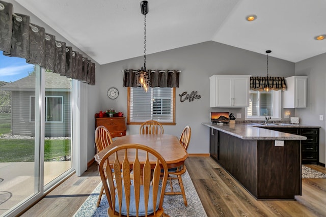 223 Glenview Loop, Saint Cloud, MN 56303 - dining space featuring vaulted ceiling, plenty of natural light, light wood-style floors, and a chandelier