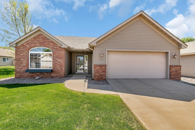 223 Glenview Loop, Saint Cloud, MN 56303 - ranch-style home with brick siding, concrete driveway, a front lawn, a garage, and a shingled roof
