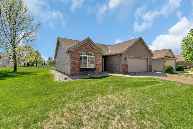 223 Glenview Loop, Saint Cloud, MN 56303 - ranch-style home with brick siding, an attached garage, driveway, a front lawn, and roof with shingles