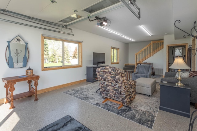 3391 Little Ida Beach Rd NW, Alexandria, MN 56308 - living room featuring stairway, baseboards, and speckle patterned floor