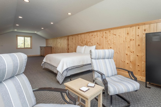 3391 Little Ida Beach Rd NW, Alexandria, MN 56308 - carpeted bedroom featuring baseboards, wood walls, recessed lighting, and vaulted ceiling