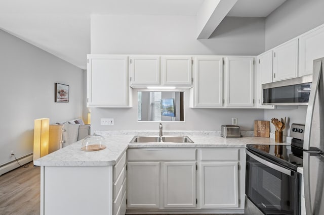 1811 Elliot Ave Unit 2, Minneapolis, MN 55404 - kitchen with appliances with stainless steel finishes, a sink, white cabinetry, light countertops, and a peninsula
