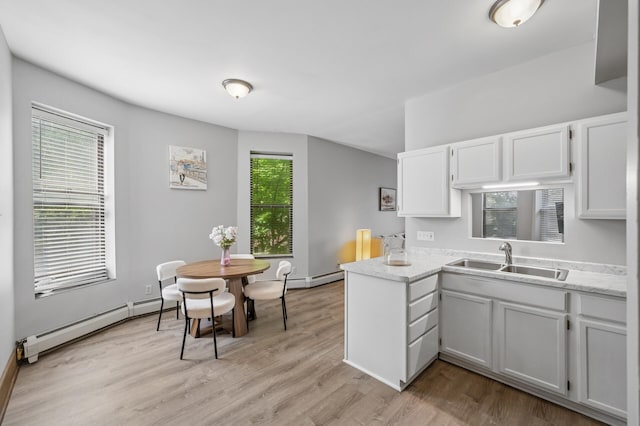 1811 Elliot Ave Unit 2, Minneapolis, MN 55404 - kitchen featuring a sink, a baseboard heating unit, white cabinets, light wood-type flooring, and a peninsula