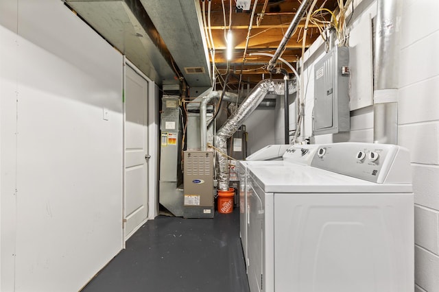 13501 Heather Hills Dr, Burnsville, MN 55337 - laundry room featuring separate washer and dryer, electric panel, and heating unit