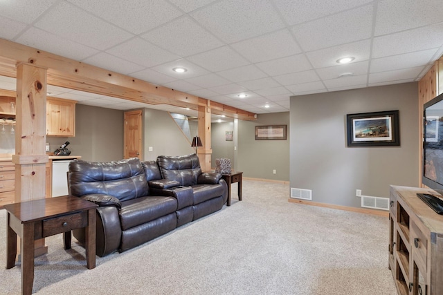14530 Jonathan Carver Pkwy, Carver, MN 55315 - living area featuring light colored carpet, a paneled ceiling, baseboards, and recessed lighting