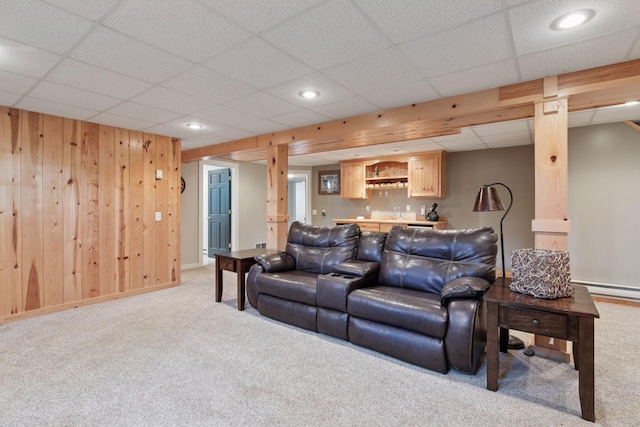 14530 Jonathan Carver Pkwy, Carver, MN 55315 - living area featuring carpet flooring, wooden walls, baseboards, and recessed lighting