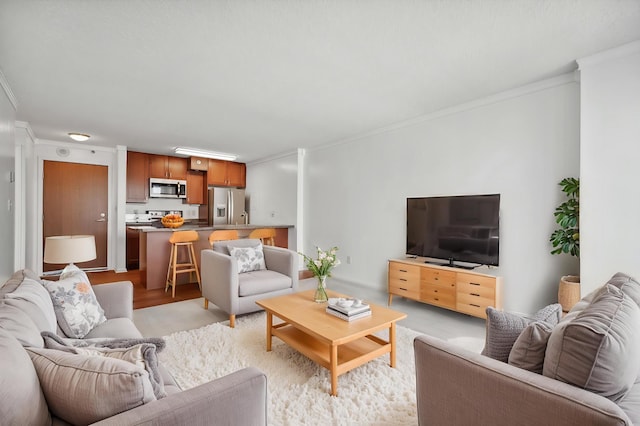 living room with crown molding