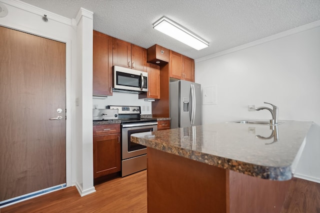 kitchen featuring appliances with stainless steel finishes, a sink, crown molding, light wood finished floors, and a peninsula