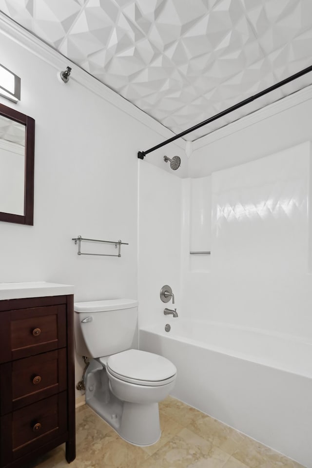 full bath featuring toilet, vanity, and shower / bathtub combination