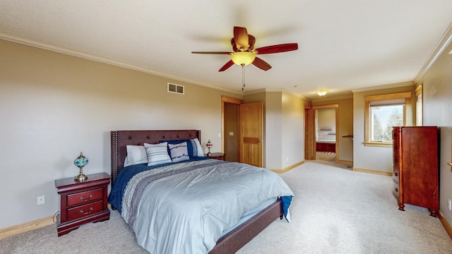 bedroom featuring light carpet, baseboards, ornamental molding, and ceiling fan