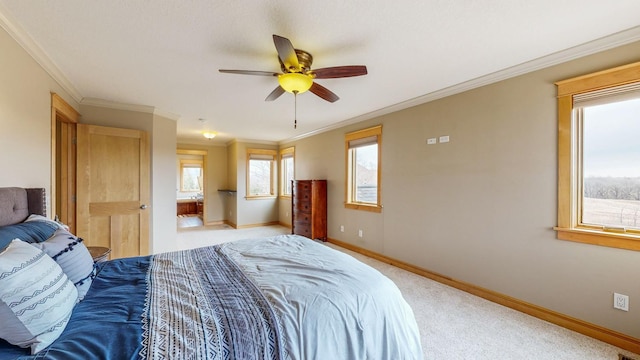 bedroom featuring multiple windows, baseboards, crown molding, light carpet, and a ceiling fan