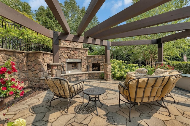 2255 Chelmsford Ln, Saint Cloud, MN 56301 - view of patio with an outdoor living space with a fireplace and a pergola