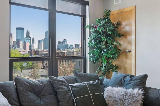 living area with a view of skyline