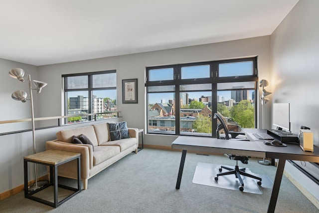 carpeted office space featuring a city view and baseboards