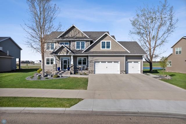 craftsman-style house featuring concrete driveway, a front lawn, stone siding, and a garage