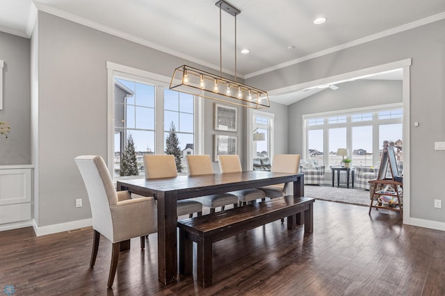 dining room featuring dark wood finished floors, baseboards, recessed lighting, ornamental molding, and vaulted ceiling
