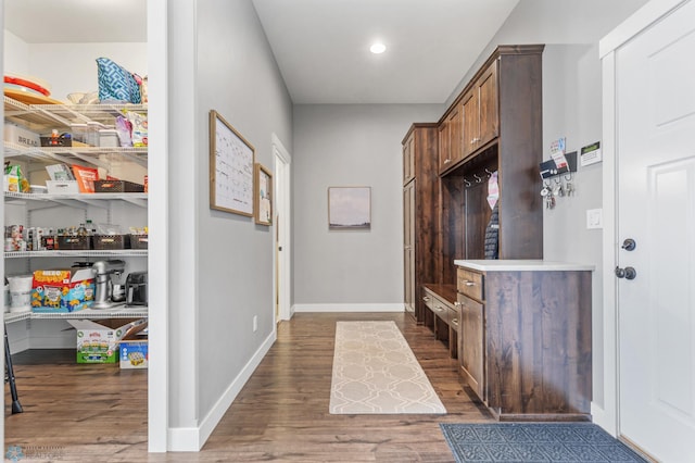 mudroom featuring dark wood finished floors, baseboards, and recessed lighting