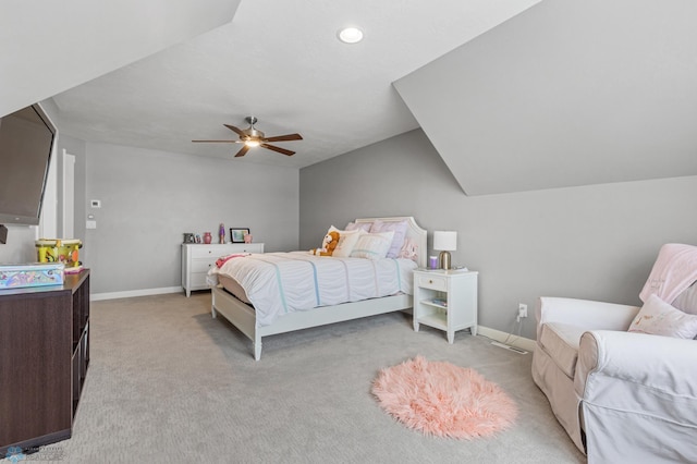 bedroom with light colored carpet, baseboards, a ceiling fan, lofted ceiling, and recessed lighting
