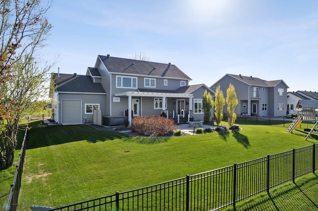 rear view of property with a pergola, a patio area, a garage, and a shingled roof