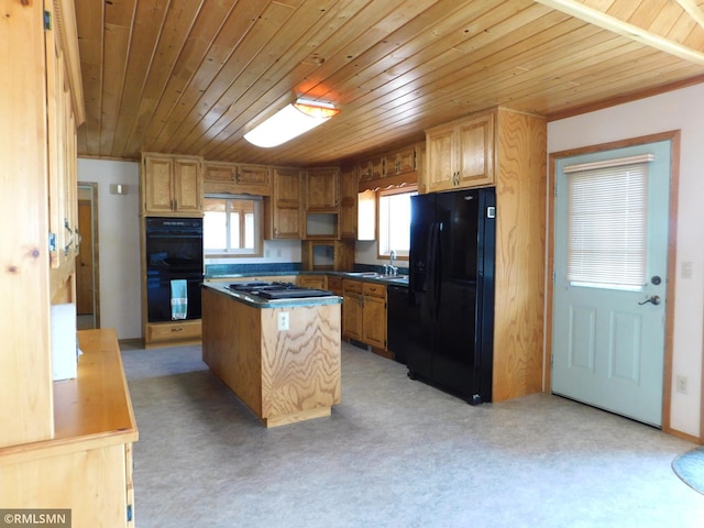 32598 Pioneer Ave, Aitkin, MN 56431 - kitchen with black appliances, wood ceiling, a kitchen island, a sink, and dark countertops