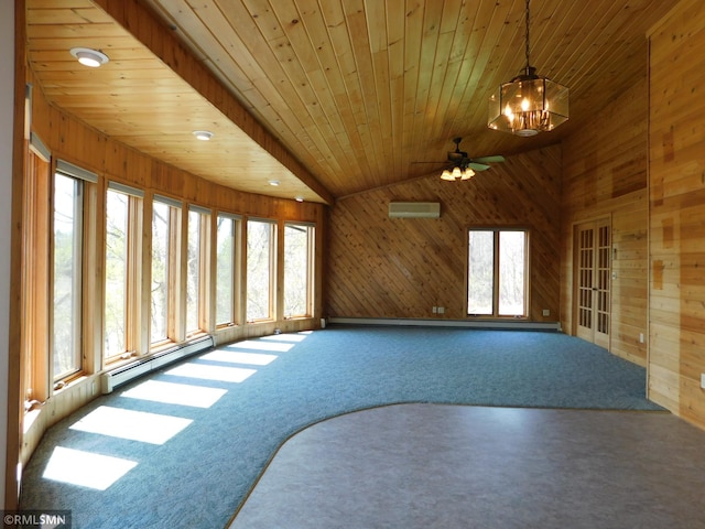 32598 Pioneer Ave, Aitkin, MN 56431 - unfurnished sunroom with a baseboard radiator, a chandelier, french doors, and lofted ceiling