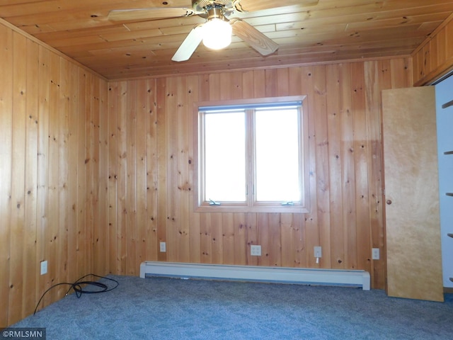 32598 Pioneer Ave, Aitkin, MN 56431 - unfurnished room with carpet flooring, baseboard heating, wood ceiling, wooden walls, and ceiling fan