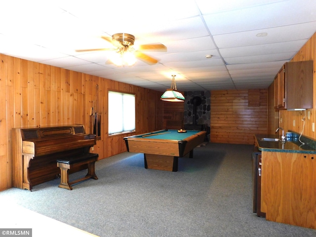 32598 Pioneer Ave, Aitkin, MN 56431 - recreation room featuring a ceiling fan, wooden walls, billiards, light carpet, and a paneled ceiling