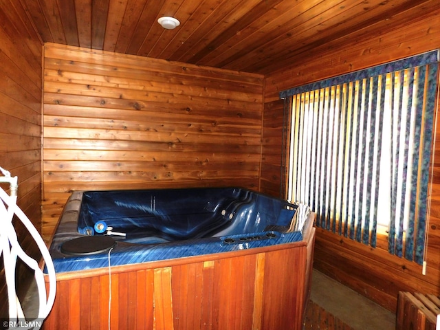 32598 Pioneer Ave, Aitkin, MN 56431 - misc room with a sauna, a hot tub, wood walls, and wood ceiling