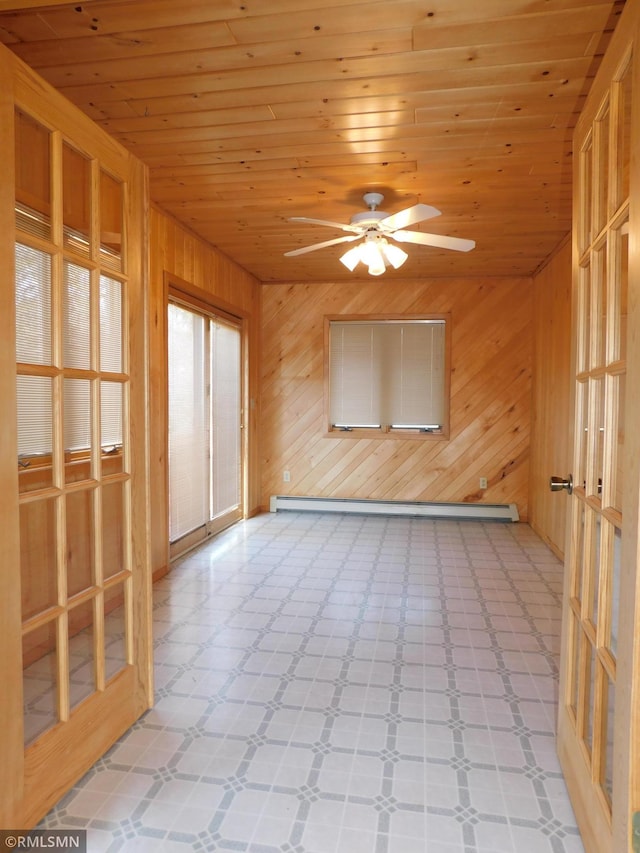 32598 Pioneer Ave, Aitkin, MN 56431 - empty room with light flooring, wood ceiling, ceiling fan, wooden walls, and a baseboard heating unit