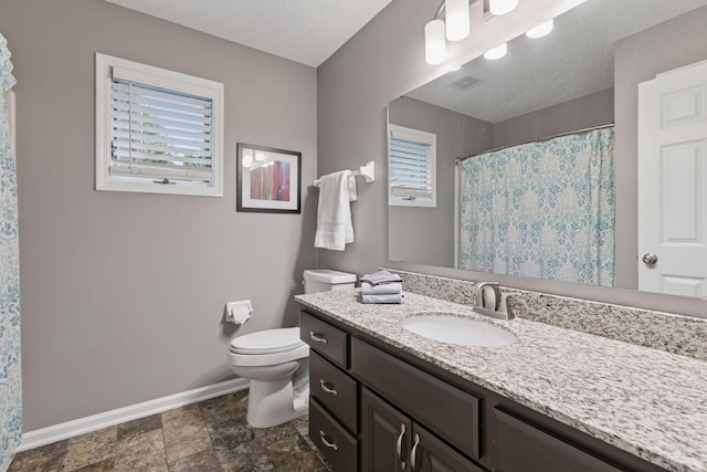 13148 Crolly Ct, Rosemount, MN 55068 - bathroom featuring baseboards, toilet, vanity, a textured ceiling, and curtained shower