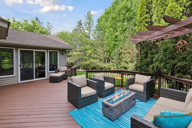 13148 Crolly Ct, Rosemount, MN 55068 - wooden deck with an outdoor living space with a fire pit and a pergola