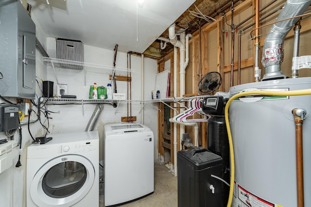 washroom with independent washer and dryer, electric panel, and water heater
