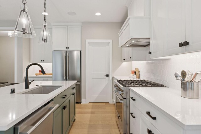 16798 Stirrup Ln, Eden Prairie, MN 55347 - kitchen featuring high quality appliances, a sink, light countertops, decorative backsplash, and light wood-style flooring