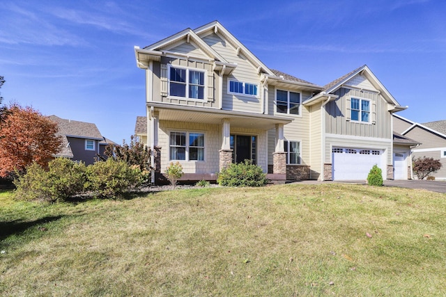 1730 Deephaven Dr, Woodbury, MN 55129 - craftsman house featuring board and batten siding, an attached garage, driveway, a porch, and a front yard