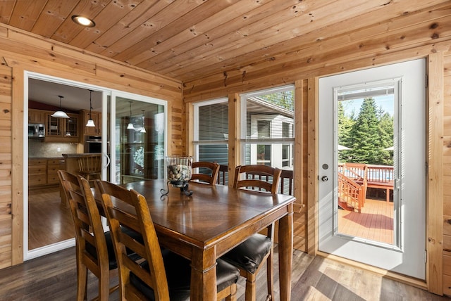 dining space featuring dark wood finished floors, wooden walls, wood ceiling, and recessed lighting