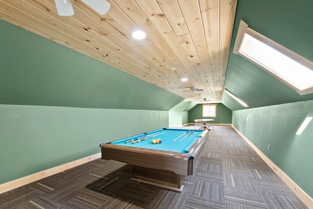 rec room featuring baseboards, carpet, vaulted ceiling, billiards table, and wooden ceiling