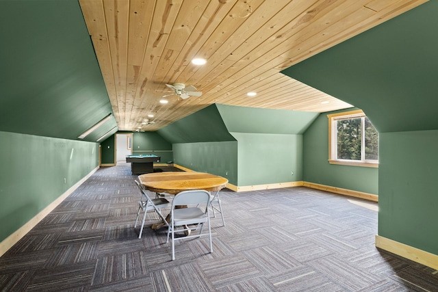 bonus room with carpet, baseboards, lofted ceiling, a ceiling fan, and recessed lighting