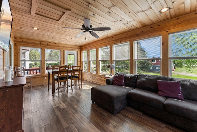7715 217th Ave NE, Linwood Twp, MN 55092 - living area featuring wood ceiling, wood walls, dark wood finished floors, a ceiling fan, and recessed lighting