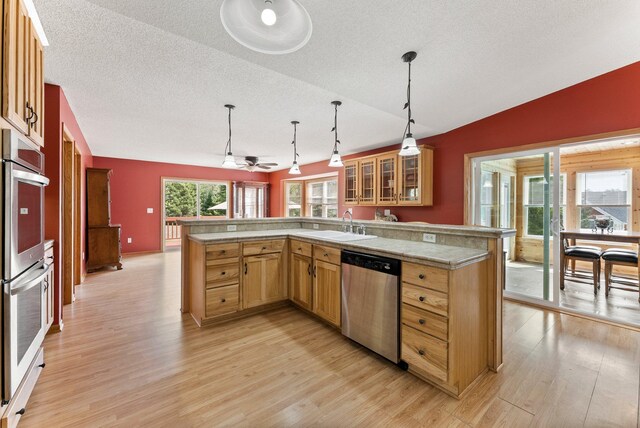 7715 217th Ave NE, Linwood Twp, MN 55092 - kitchen with appliances with stainless steel finishes, light wood-style floors, vaulted ceiling, decorative light fixtures, and a ceiling fan