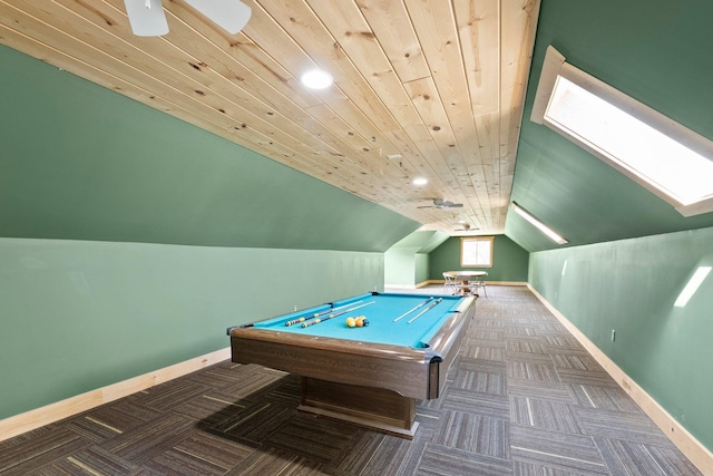 7715 217th Ave NE, Linwood Twp, MN 55092 - playroom with baseboards, carpet floors, lofted ceiling, billiards table, and wood ceiling