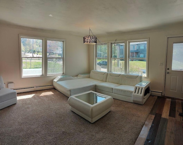 living area featuring a baseboard heating unit and wood finished floors