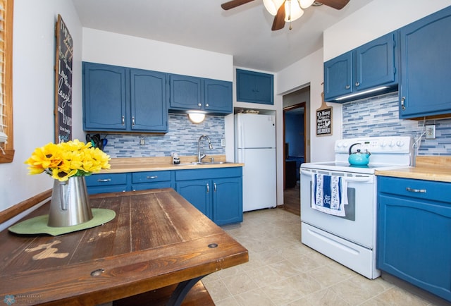 kitchen featuring white appliances, blue cabinets, a sink, and ceiling fan