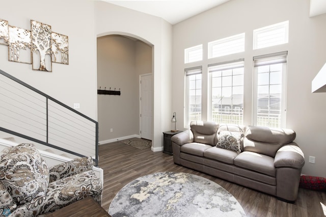 3313 5th Way E Unit B, West Fargo, ND 58078 - living area featuring arched walkways, wood finished floors, baseboards, and a towering ceiling