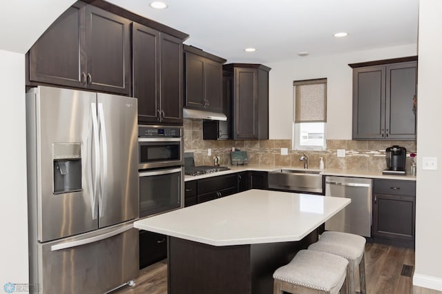 3313 5th Way E Unit B, West Fargo, ND 58078 - kitchen with appliances with stainless steel finishes, a sink, under cabinet range hood, dark wood-style floors, and dark brown cabinets