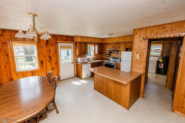20841AND20850 Leona Beach Rd, Erie Twp, MN 56578 - kitchen with white appliances, plenty of natural light, brown cabinetry, wood walls, and water heater
