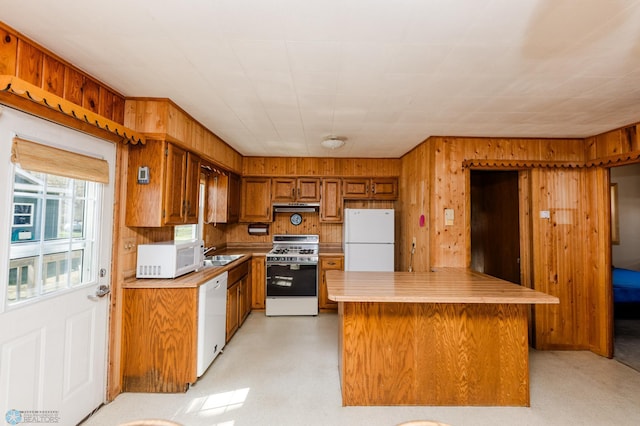 20841AND20850 Leona Beach Rd, Erie Twp, MN 56578 - kitchen featuring white appliances, brown cabinetry, light countertops, wood walls, and a sink